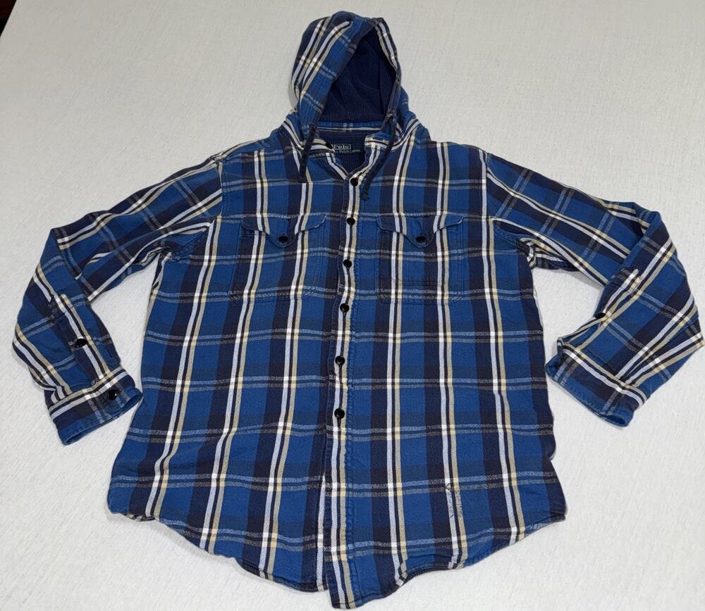 Vtg POLO Ralph Lauren Hoodie Mens L Thermal Button Sweatshirt Blue Plaid EUC